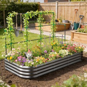 Outsunny Podwyższona grządka z kratką, metalowa donica z ochronnymi krawędziami i rękawiczkami 220 x 110 x 150 cm, ciemnoszara | Aosom PL
