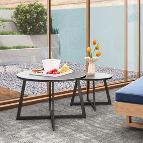 Outsunny Zestaw 2 Składanych Stolików Pomocniczych, Stolik Ogrodowy Okrągły, Odporny na Warunki Pogodowe, Balkonowy z Nogami X, Blat ze Szkła Hartowanego Stal, Czarny+Szary