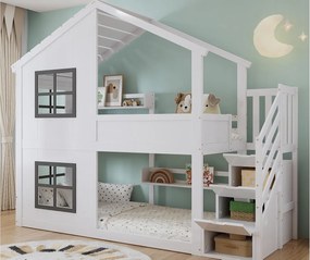 Łóżko piętrowe dziecięce 90x200 cm - z oknem - z drabiną z pojemnikami - lite drewno + MDF - biały + szary (bez materaca)