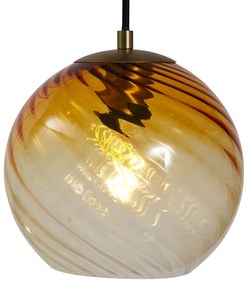 Lampa wisząca brązowa z dymionym bursztynowym i zielonym szkłem okrągła 4-punktowa - Bao ArtDeco Oswietlenie wewnetrzne