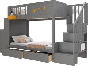 Łóżko piętrowe dla dzieci - 2 x 90 x 200 cm - z szufladami + schodki do przechowywania + biurko - sosna lita - szare