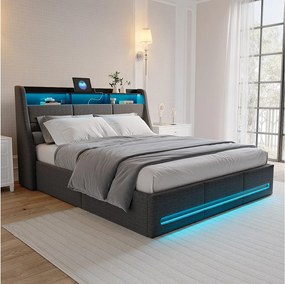 Łóżko z pojemnikiem 140x200 cm szare z wielokolorowym LED, zagłówkiem USB i wbudowanym schowkiem, stelaż z listewkami w zestawie