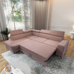 Masseno Narożnik ALVORO z funkcją spania i pojemnikiem na pościel Narozniki L, Rozkładana sofa - Pudrowy róż, MATT VELVET 61