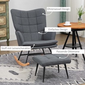 HOMCOM Krzesło Bujane z Podnóżkiem, Komfortowe, do 130 kg, Wygląd Lnu, 64x89x90 cm, Szary