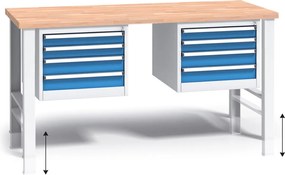 Stół warsztatowy z regulacją wysokości G3, 1700 x 685 x 840-1050 mm, 2x 4 szufladowy kontener