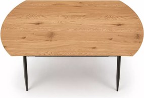 Zaowalony stół Vero 160 x 90 cm z eleganckim blatem w odcieniu złotego dębu i czarnymi nogami oraz półką pod blatem