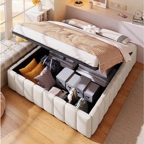 Łóżko ze schowkiem 140 x 200 cm bez wezgłowia - Tkanina lniana - Stelaż z listew w zestawie - Beżowe (bez materaca)