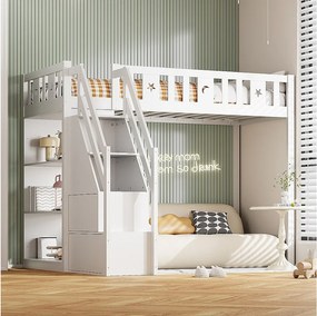 Łóżko piętrowe 90 x 200 cm z drabinką i półkami - Drewno sosnowe i MDF - Białe