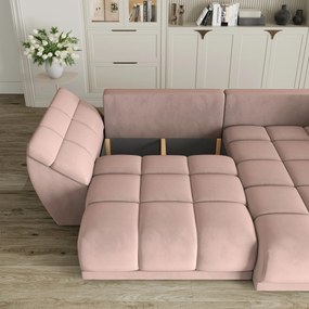 Masseno Narożnik ORENTI z funkcją spania i pojemnikiem na pościel Narozniki L, Rozkładana sofa - Pudrowy róż, MATT VELVET 61