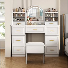 Toaletka z 9 szufladami, lustrem i stołkiem - 120 x 40 x 135 cm - LED - Płyta wiórowa - Biała
