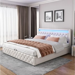 Łóżko ze schowkiem 180 x 200 cm - biały PU - z regulowanym oświetleniem LED - stelaż z listew - bez materaca