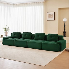 Modułowa Sofa 4-osobowa w Welurze żebrowanym, z 4 poduszkami, 382x104x69cm, Zielony