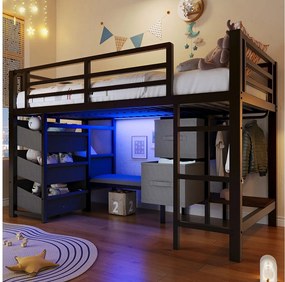 Łóżko antresola z metalową ramą - 90 x 200 cm - z poduszką na siedzisko + kieszenią materiałową i szufladami + diody LED - Metalowe - czarne