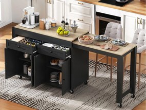 Wyspa kuchenna - z 4 drzwiami i 2 szufladami - rozsuwany blat - z kółkami - 180,5×45×92,2 cm - Czarny