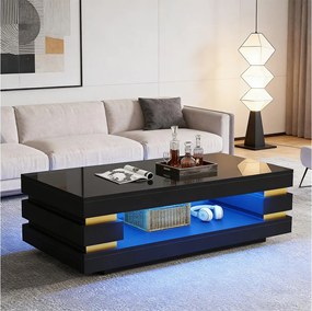 Nowoczesny stolik kawowy - 100 x 50 x 35 cm - z centralną półką do przechowywania + diody LED - płyta wiórowa - czarny