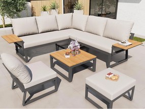 Salon ogrodowy, zestaw mebli z tworzywa drewnopodobnego na 6-7 osób - kanapa narożna - z żelaza ocynkowanego - stoły - 1 krzesło - ławka, Beżowy