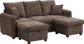 Brązowa sofa narożna - Sofa 3-osobowa z 2 szufladami i 2 pufami ze schowkiem - szenil
