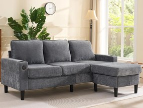 Kanapa 3-osobowa pikowana - z portami USB i Type-C - z dwoma uchwytami na kubki - Narożna sofa rozkładana - Szary