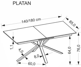 Stół rozkładany PLATAN 140(180)x85 biały marmur/czarny HALMAR