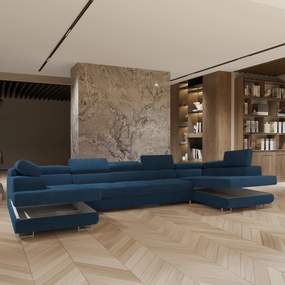 Masseno Narożnik ISOLANO z funkcją spania i pojemnikiem na pościel Narozniki U, Rozkładana sofa - Niebieski, MONOLITH 77