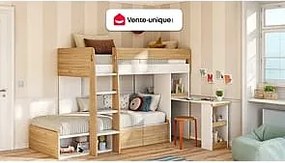 Łóżko piętrowe 2 x 90 x 190 cm z biurkiem i schowkami - Naturalny i biały - LOMIDEN