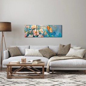 Obraz - Motyl i kwiaty, obraz olejny II. (z zegarem) (90x30 cm)