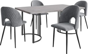 Zestaw do jadalni, stół-140×80×75cm z 4 krzesłami z regulowanymi nogami, MDF+metal+aksamit, czarny+szary