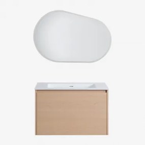 Zestaw Mebli Łazienkowych Z Drewna Z Wbudowaną Umywalką Jacob Naturalna & Owalna Lampa Led I Przeciwmgielna 100x80 Cm Meunier & Bez Kranu - Sklum