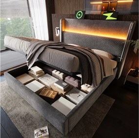 Łóżko z pojemnikiem 140x200 cm Łóżko dla dorosłych z USB i LED, tapicerowany zagłówek - szary len (bez materaca)