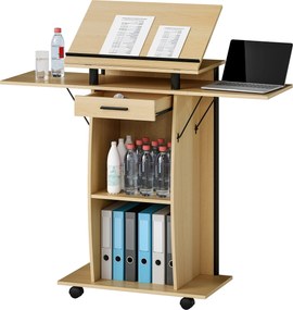 HOMCOM Mobilne podium, podium do wystąpień z składanymi bocznymi skrzydłami, stół na laptopa z szufladą i półkami, wykonane w dębie