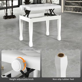HOMCOM Ławka do Pianina z Regulacją Wysokości, Pianobank z Wyściełanym Siedziskiem z Ekoskóry 64 x 35 x 45-55 cm Biała | Aosom PL