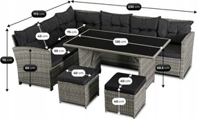 Zestaw Mebli Ogrodowych DALLAS Szary/Czarny Narożnik Pufy Stolik Tarasowy Technorattan Nowoczesny