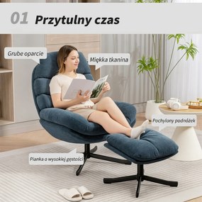 HOMCOM Fotel relaksacyjny z podnóżkiem, lounge z tkaniny chenille, nowoczesny fotel do oglądania TV, 78 x 93 x 100 cm, niebieski