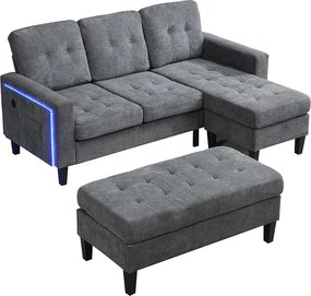 Zestaw narożnej kanapy w kształcie L 185x135x85cm - z ruchomym podnóżkiem i oświetleniem LED - z USB - dowolna konfiguracja - Szary