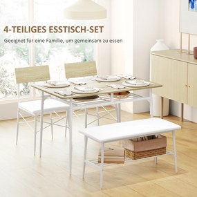 HOMCOM 4-częściowy zestaw stołowy z krzesłami i ławką na 4 osoby, siedzenia tapicerowane, stalowy stelaż, drewno, Biały