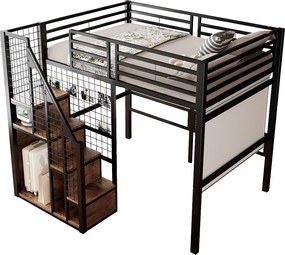 Łóżko piętrowe dla dzieci - 140 x 200 cm - rama żelazna - ze schowkiem i schodkami bezpieczeństwa - metalowe - czarne