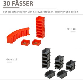 DURHAND Półka magazynowa 30 skrzynek Organizacja warsztatu Czerwony Szary Czarny | Aosom PL