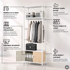 Regał biurowy otwarty z drążkiem na ubrania, do recepcji i poczekalni, metalowy, biały/dąb sonoma, 800x2200x400 mm: ARIEL Eco Design