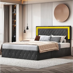 Łóżko z pojemnikiem welurowe 160x200 cm - z oświetleniem LED i stelażem - Łóżko podwójne z pojemnikiem - Czarne