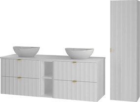 Biały Zestaw Łazienkowy 140cm Szafka z Blatem Regał Umywalka Słupek Ryflowane Fronty Arcos