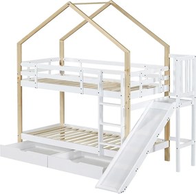 Łóżko piętrowe z zjeżdżalnią i drabinką oraz szufladami - rama z litego drewna - 90x200 cm - Białe