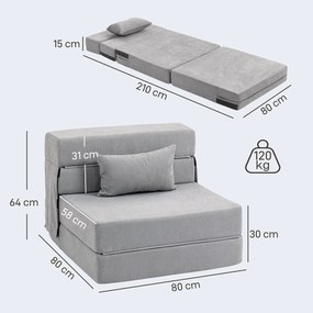 HOMCOM Sofa na podłogę, tapicerowana soffa, przekształcana w materac, pianka, poduszka, jasnoszary