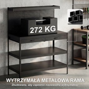 HOMCOM Stacja robocza z regulowanymi półkami, solidna stacja robocza z perforowaną płytą i 2 szufladami, 122 x 61 x 156 cm, Czarna | Aosom PL