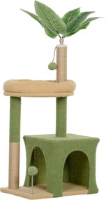 PawHut Drapak 98 cm wysoki drzewko dla kota z kryjówką, legowisko dla kota Wzór z liśćmi, słupki z juty, 2 piłeczki dla kotów do 5 kg | Aosom PL