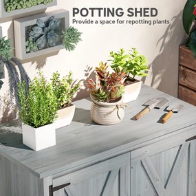 Outsunny Szafka Ogrodowa, Drewniana Szafka na Narzędzia Ogrodowe, Szafka zewnętrzna na Taras, z Podwójnymi Drzwiami, Design Stodoły, Jasnoszary