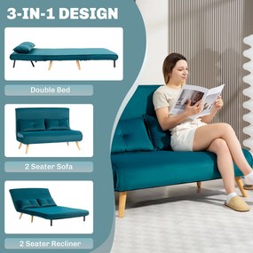 HOMCOM 2-osobowa sofa rozkładana, łóżko sofa, transformowalna kanapa, regulowane oparcie, materiał obiciowy, stalowy stelaż, zielona