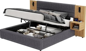 Łóżko kontynentalne szerokie 180x200 cm tapicerowane welurem - z portem USB i LED - 2 stoliki nocne - Szary i Naturalny