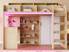 Łóżko na antresoli wielofunkcyjne 90 × 200 cm - z biurkiem + szafą - z oświetleniem LED + gniazdko elektryczne - naturalny (materac nie jest wliczony w cenę)