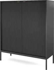 Komoda Wysoka Geriffelt NOVA – 2 drzwi, Highboard z złotymi uchwytami, Czarny, czarne nogi 125x104x39cm - Elegancka do salonu