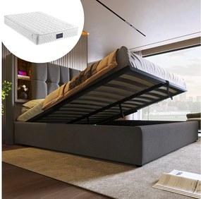 Łóżko tapicerowane dwuosobowe ze schowkiem - 140 x 200 cm - Materac + Zagłówek z USB - Tkanina bawełniana - Szary